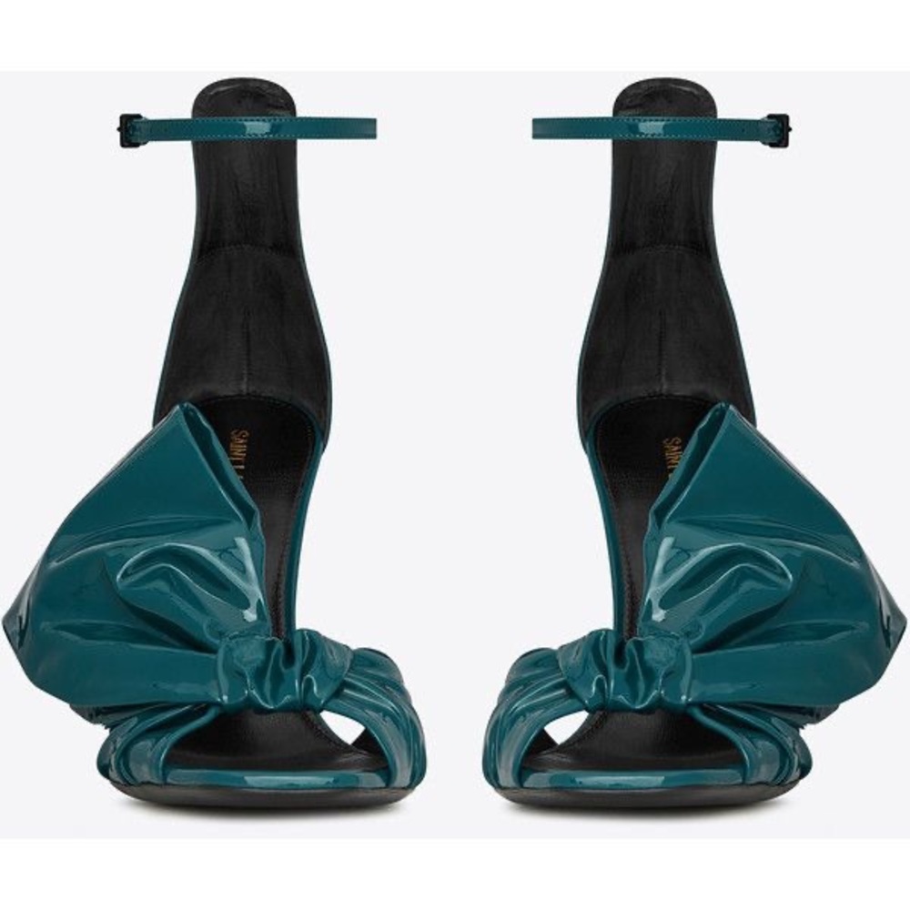 Saint Laurent Freja Bow Blue Patent Leather Shoe Heel Sandal Stiletto Size 6